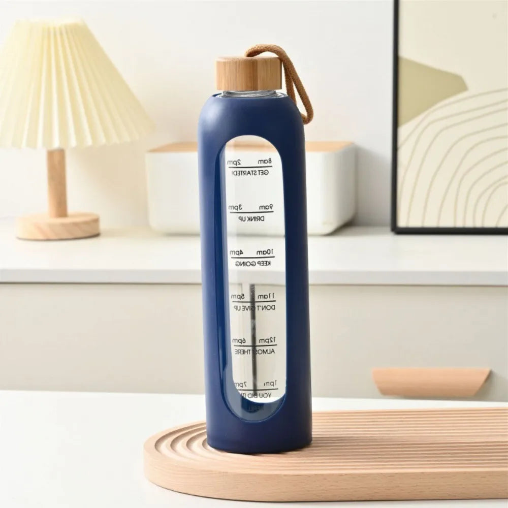 Trendy Time-marked Glass Water Bottles Bamboo Lid Sport Silicone Sleeve Drink Bottle Free of Lead Sports Water Cup