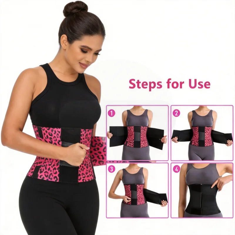 Women's Leopard Print Triple-Wrap Waist Trainer | High-Stretch Nylon Tummy Control Band | Adjustable Hook-and-Loop Compression Shapewear Belt | Dual-Use for Fitness and Everyday Outfits