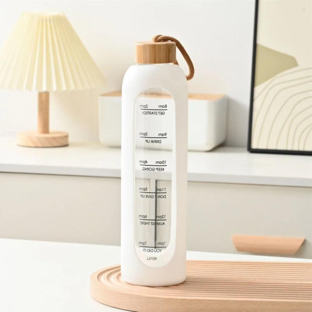 Trendy Time-marked Glass Water Bottles Bamboo Lid Sport Silicone Sleeve Drink Bottle Free of Lead Sports Water Cup
