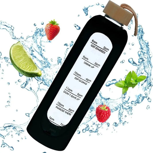 Trendy Time-marked Glass Water Bottles Bamboo Lid Sport Silicone Sleeve Drink Bottle Free of Lead Sports Water Cup