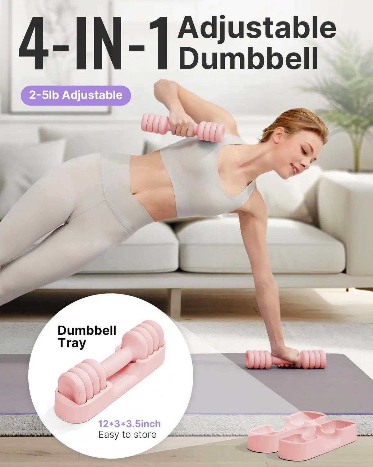 Women's 4-in-1 Adjustable Dumbbells Set Quick-Adjust Hand Weights 2-5 lbs with Soft Non-Slip Grip Storage Base Home Gym Fitness Equipment for Arm Workout Pilates Yoga Exercise Training Accessories