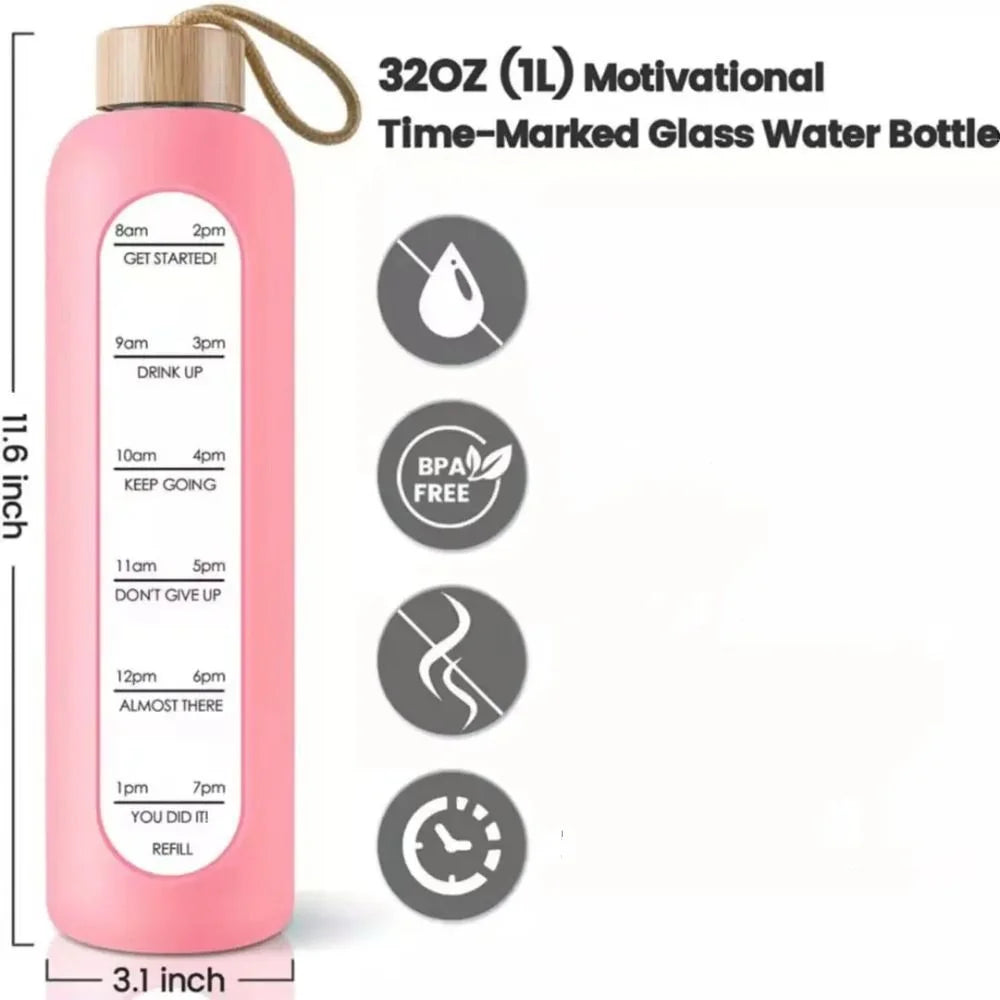 Trendy Time-marked Glass Water Bottles Bamboo Lid Sport Silicone Sleeve Drink Bottle Free of Lead Sports Water Cup