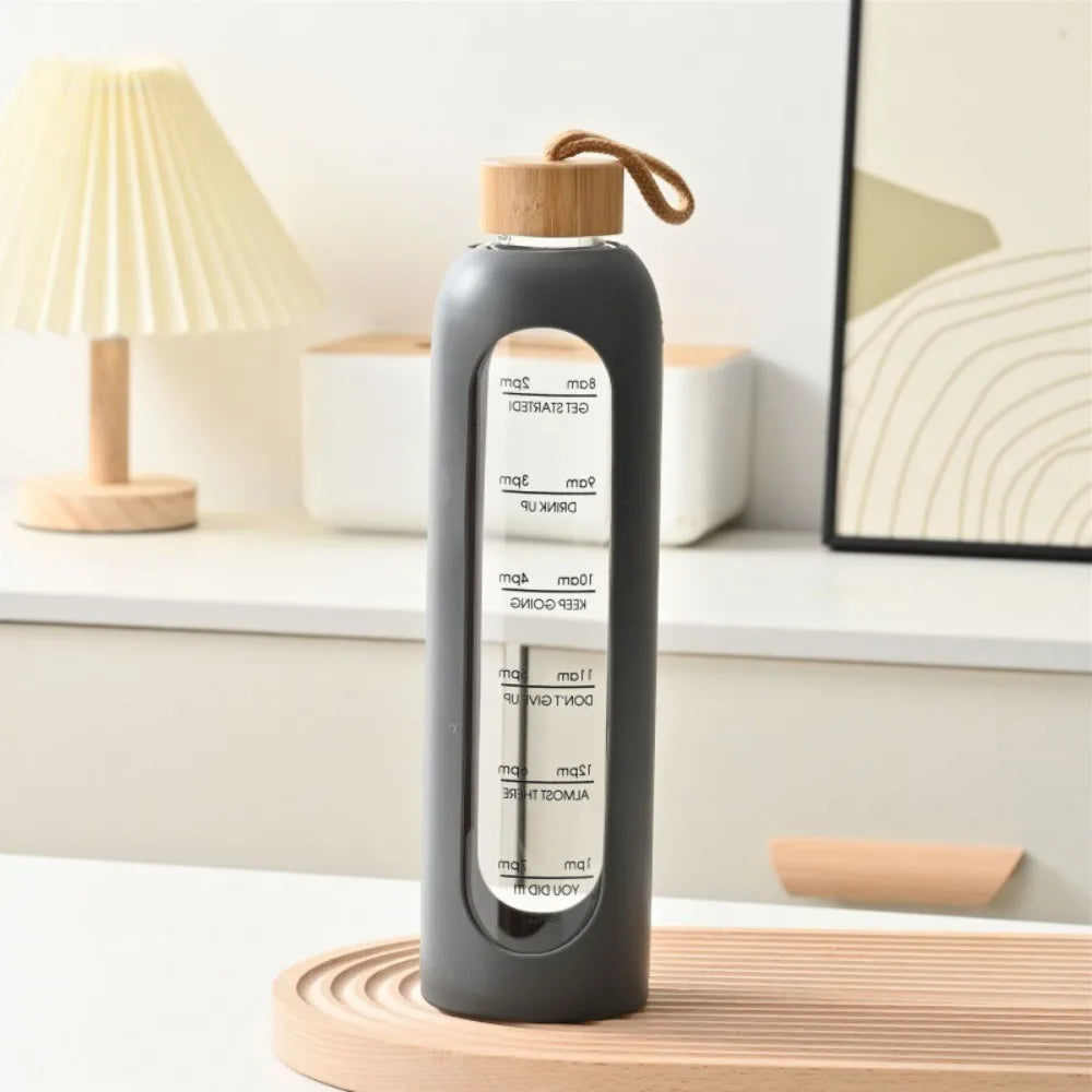 Trendy Time-marked Glass Water Bottles Bamboo Lid Sport Silicone Sleeve Drink Bottle Free of Lead Sports Water Cup