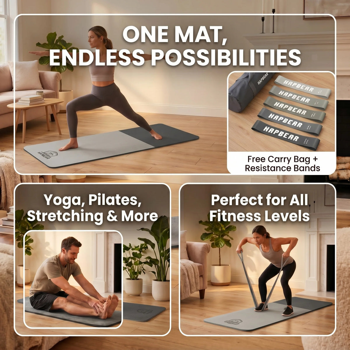 HAPBEAR Extra Large Yoga Mat – 72"x36" Non-Slip TPE Mat with Carry Bag & Resistance Bands