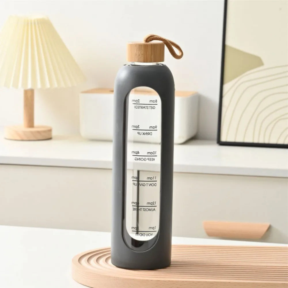 Trendy Time-marked Glass Water Bottles Bamboo Lid Sport Silicone Sleeve Drink Bottle Free of Lead Sports Water Cup