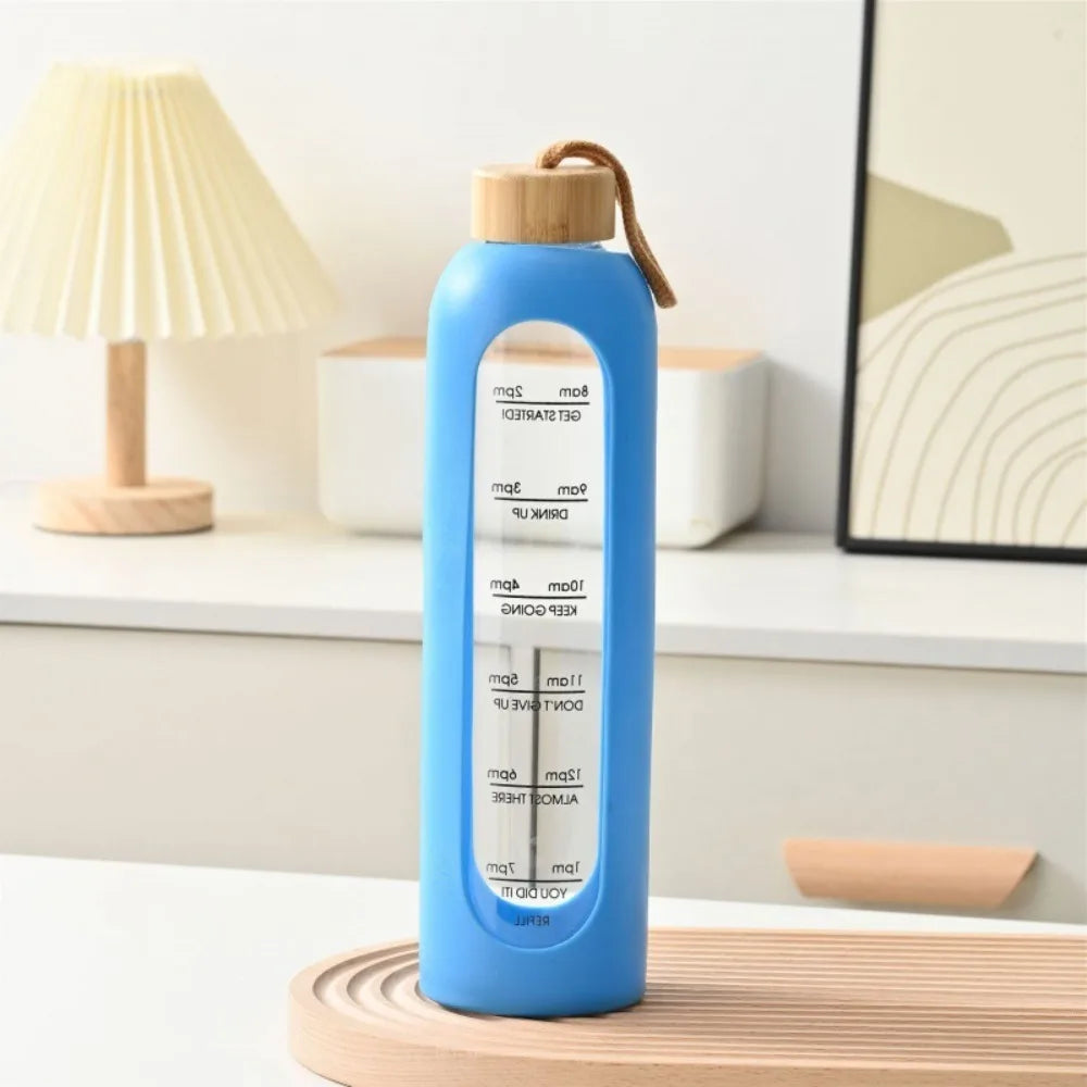Trendy Time-marked Glass Water Bottles Bamboo Lid Sport Silicone Sleeve Drink Bottle Free of Lead Sports Water Cup